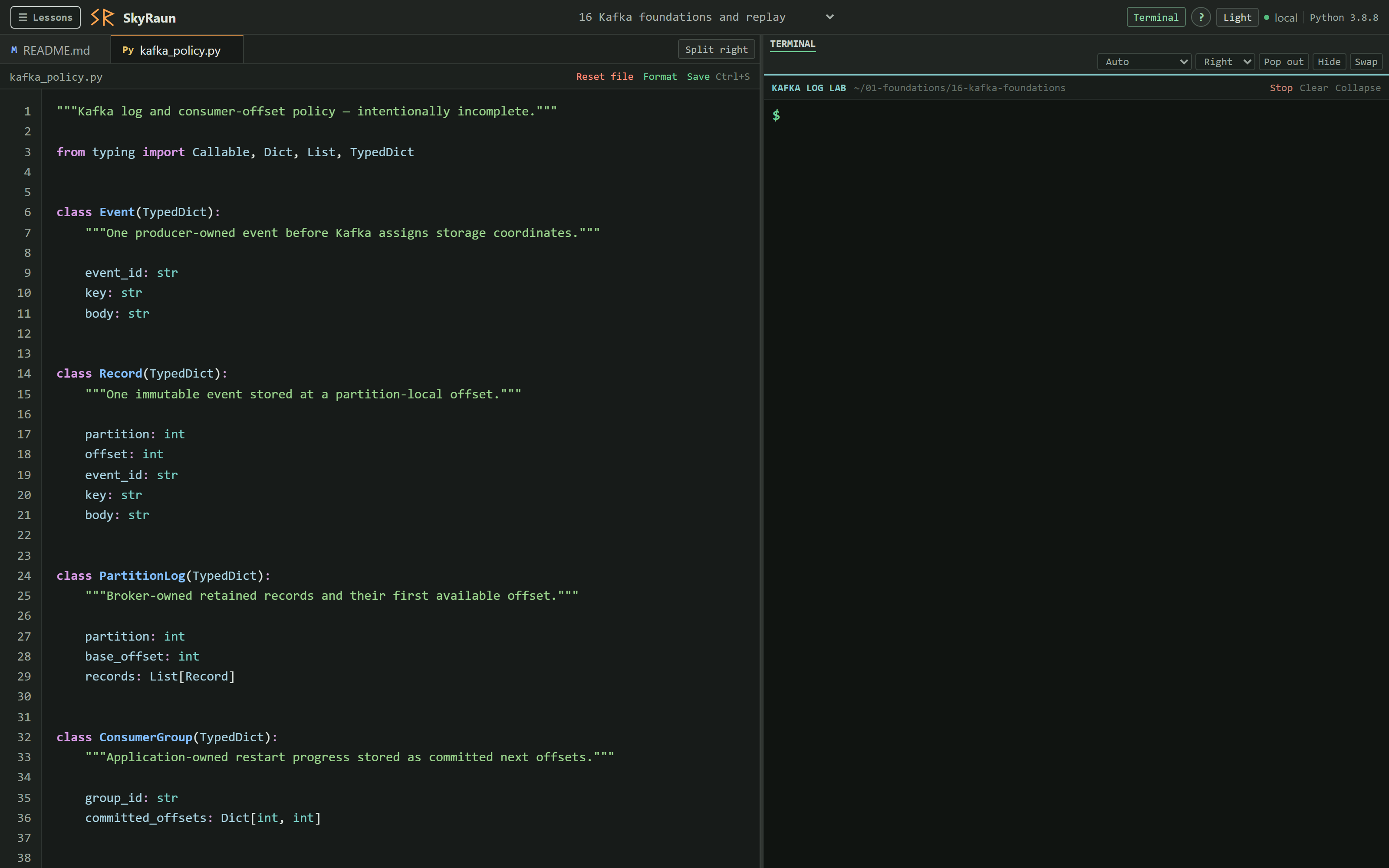 The SkyRaun workbench running locally: Lesson 16's Kafka log-and-offset policy open in the code editor, with the lab terminal ready beside it.